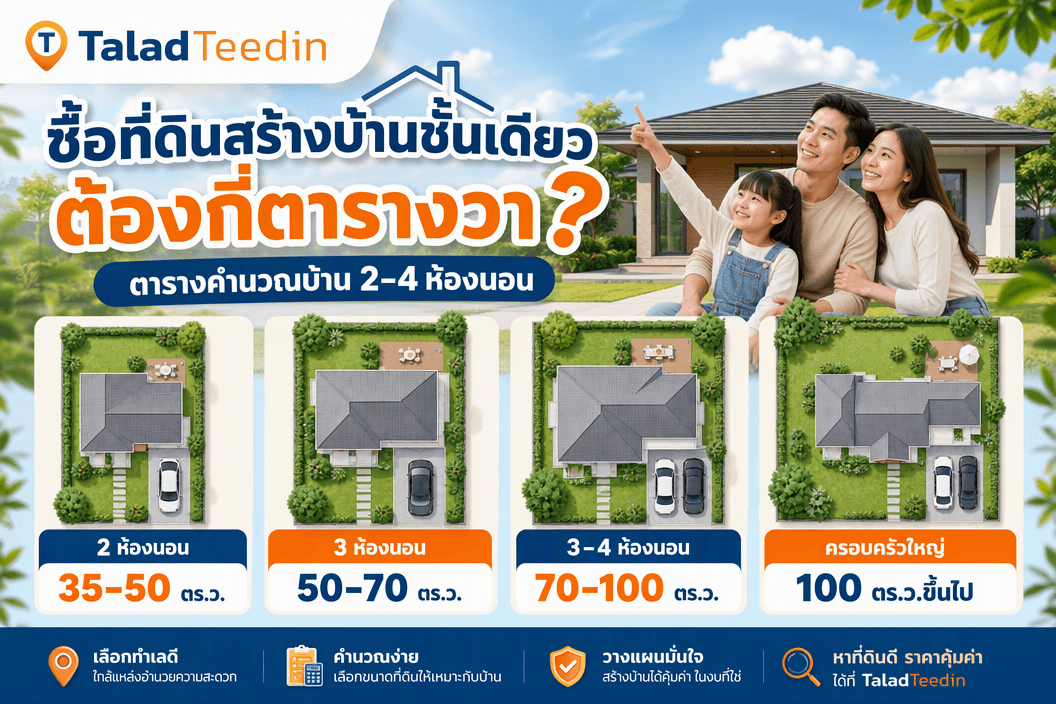 ซื้อที่ดินสร้างบ้านชั้นเดียว ต้องกี่ตารางวา? ตารางคำนวณบ้าน 2–4 ห้องนอน