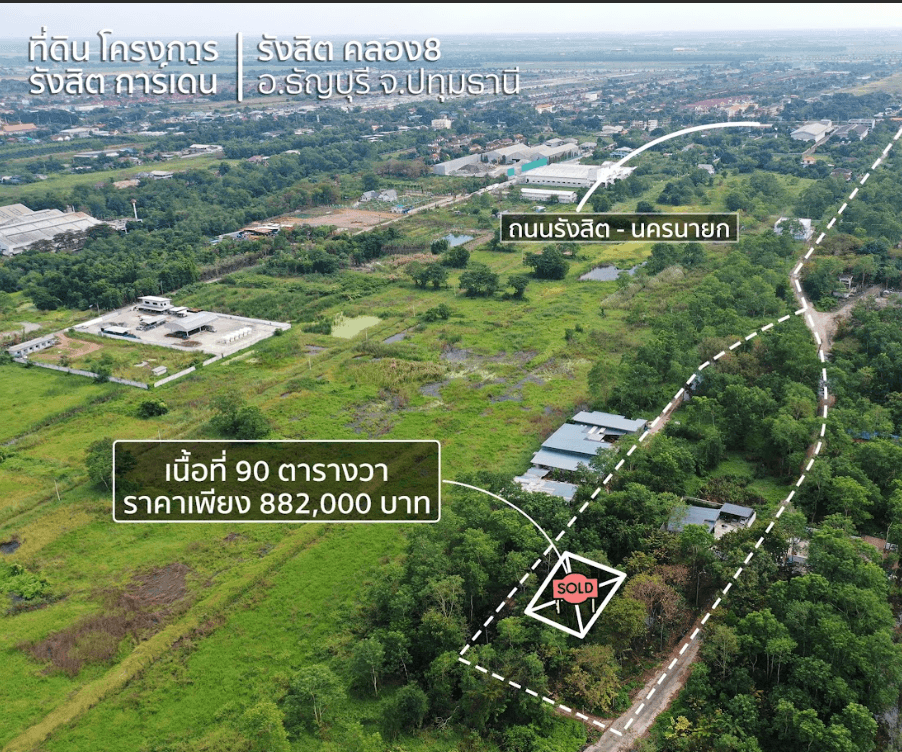 ขายที่ดินปทุมธานี ธัญบุรี ที่ดินเปล่า แปลงสวย โครงการ รังสิตการ์เด้น 90 ตารางวา.