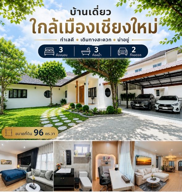 บ้านเดี่ยว พร้อมอยู่ 96 ตรว. หน้าม.แม่โจ้ เดินทางเข้าเมืองสะดวก 