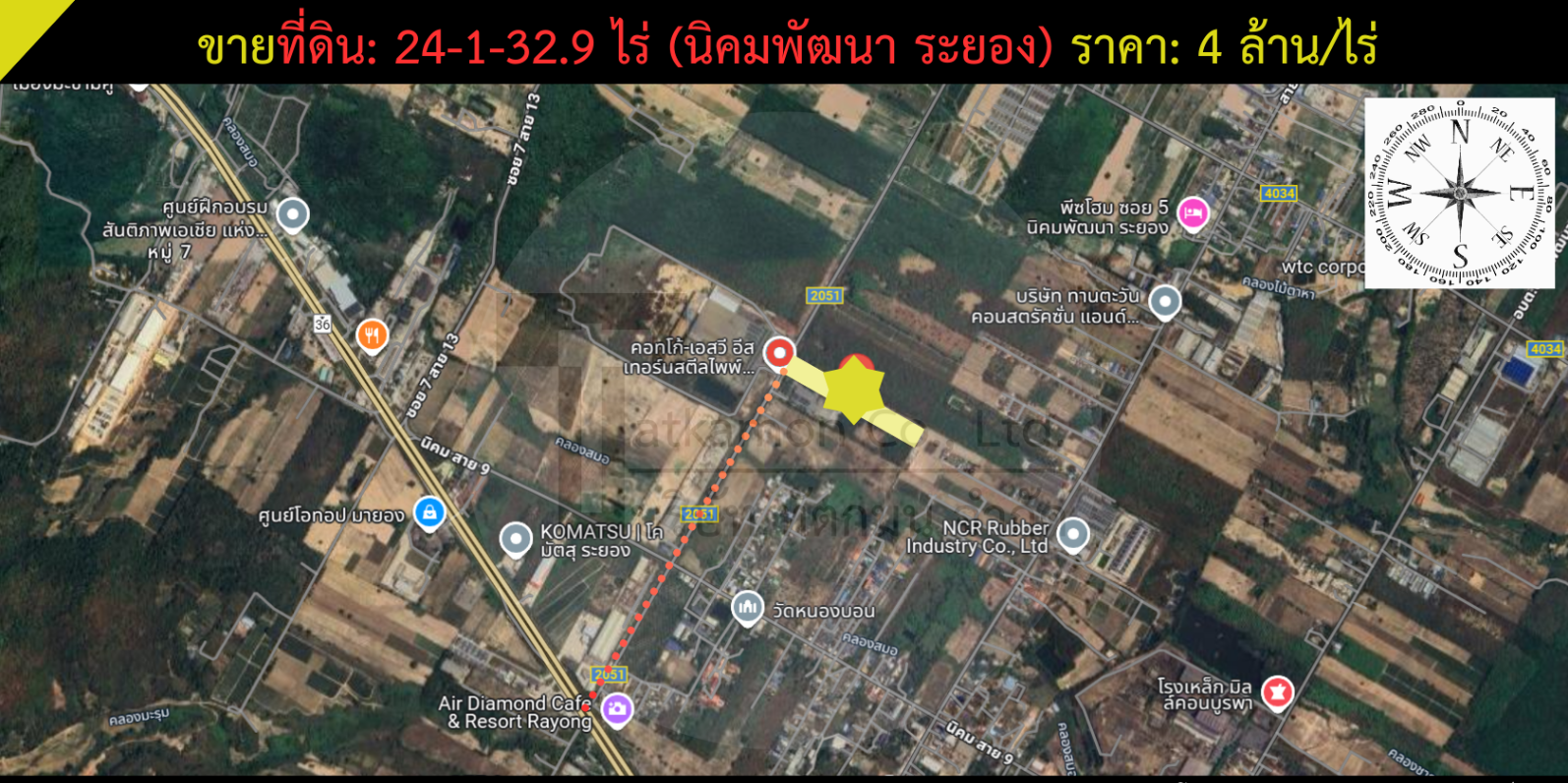 ขายที่ดินระยอง อำเภอนิคมพัฒนา ที่ดินเปล่าติดถนนสาธารณะ ตรงข้าม บริษัท คอทโก้เมททอลเวอร์คส จำกัด 24-1-32.9 ไร่.