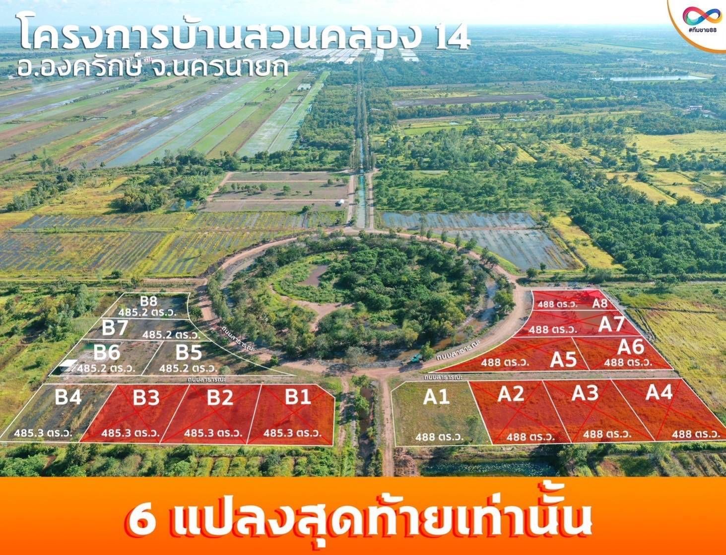 ขายที่ดินนครนายก โครงการบ้านสวนคลอง 14 แบ่งขาย เริ่มที่ 1 งาน 2 ตารางวา.