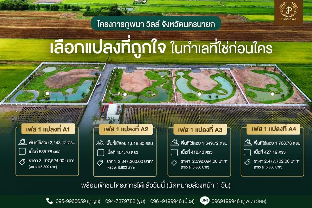 ขายที่ดินนครนายก องครักษ์ ที่ดินโครงการ ภูพนา วิลล์ จาก Phuripiwat เฟส 1 เริ่มต้นแล้ววันนี้!