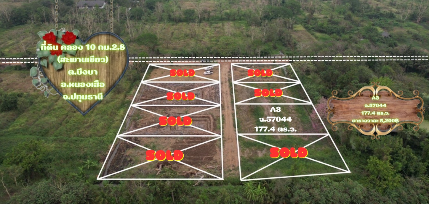 ขายที่ดินปทุมธานี หนองเสือ ที่ดินเปล่า แบ่งขาย คลอง 10 สะพานเขียว 0-1-77.4 ไร่.