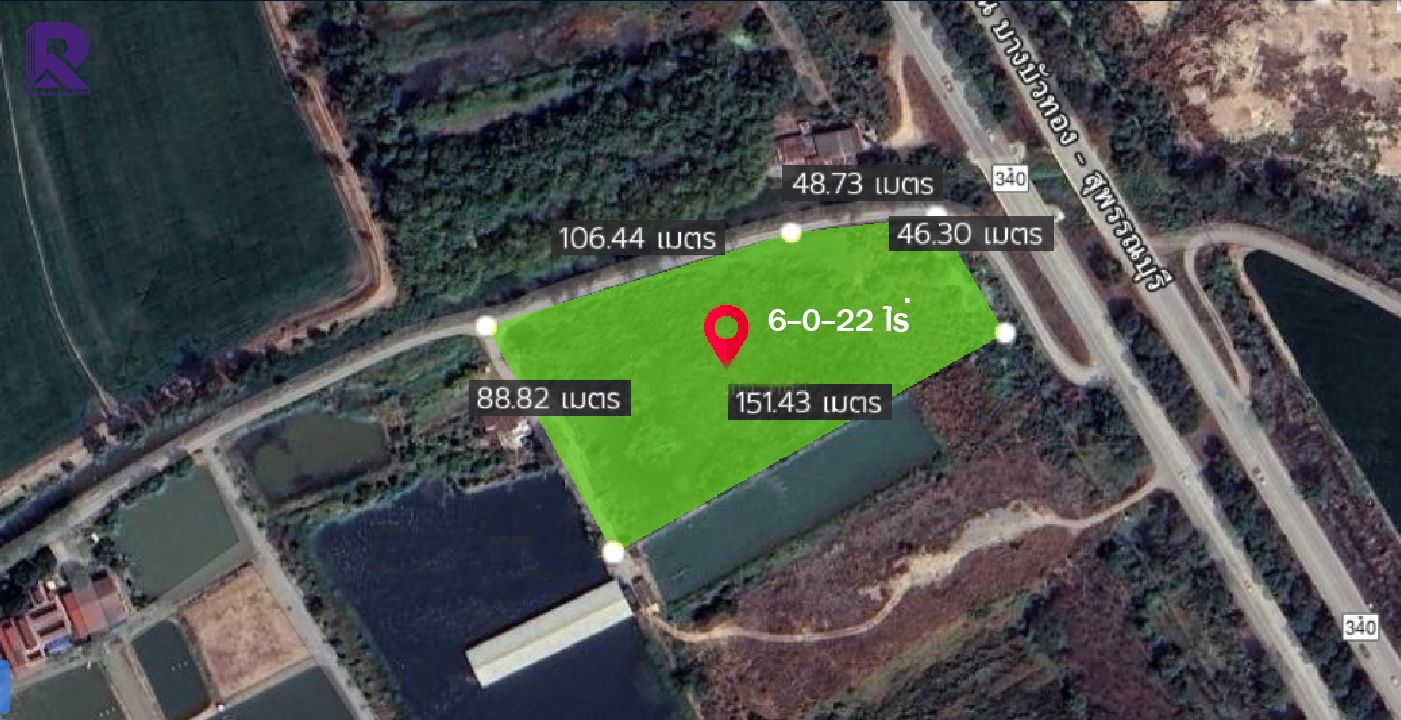 ขายที่ดินเปล่า 6-0-22 ไร่ ติดถนนบางบัวทอง-สุพรรณบุรี (304) แปลงมุม