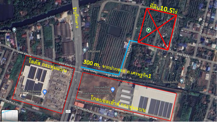 ขายที่ดิน 10.5 ไร่ ซอยโต้ล้ง ถ.เศรษฐกิจ1 ใกล้โลตัสกระทุ่มแบน รูปแปลงสี่เหลี่ยมสวย เหมาะทำโครงการจัดสรร