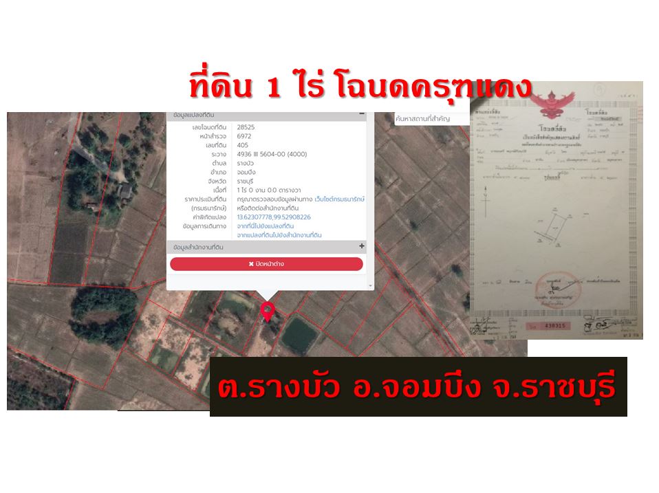 ขายที่ดิน อ.จอมบึง จ.ราชบุรี เนื้อที่ 1 ไร่ ราคา 579,000 บ. น้ำไฟพร้อม โฉนดครุฑแดง