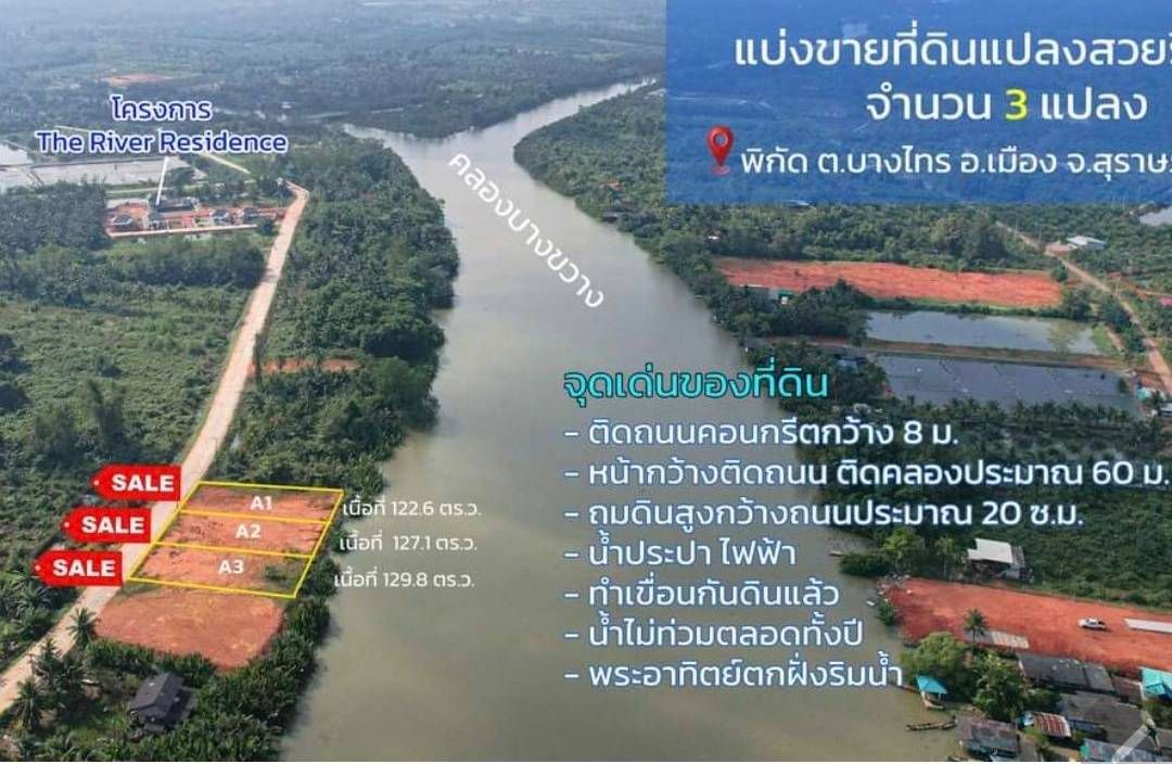 ที่ดินริมน้ำแปลงสวย บางไทร อำเภอเมือง สุราษฎร์ธานี 127.1 ตร.ว
