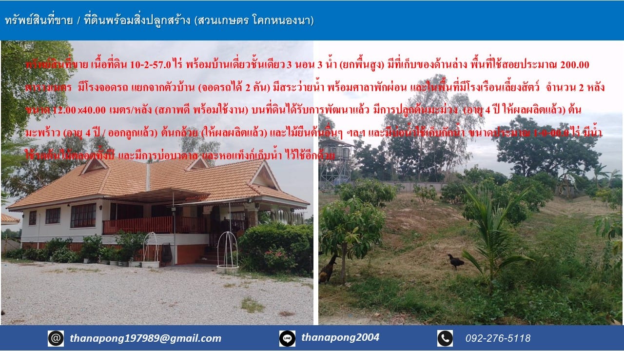 ทรัพย์สินที่ขาย เนื้อที่ดิน 10-2-57.0 ไร่ พร้อมบ้านเดี่ยวชั้นเดียว 3 นอน 3 น้ำ (ยกพื้นสูง) มีที่เก็บของด้านล่าง พื้นที่ใช้สอยประมาณ 200.00 ตารางเมตร  มีโรงจอดรถ แยกจากตัวบ้าน (จอดรถได้ 2 คัน) มีสระว่ายน้ำ พร้อมศาลาพักผ่อน และในพื้นที่มีโรงเรือนเลี้ยงสัตว์  จำนวน 2 หลัง ขนาด 12.00 x40.00 เมตร/หลัง (สภาพดี พร้อมใช้งาน) บนที่ดินได้รับการพัฒนาแล้ว มีการปลูกต้นมะม่วง  (อายุ 4 ปี ให้ผลผลิตแล้ว) ต้นมะพร้าว (อายุ 4 ปี / ออกลูกแล้ว) ต้นกล้วย (ให้ผลผลิตแล้ว) และไม้ยืนต้นอื่นๆ ฯลฯ และมีบ่อน้ำใช้เก็บกักน้ำ ขนาดประมาณ 1-0-00.0 ไร่ มีน้ำใช้รดต้นไม้ตลอดทั้งปี และมีการบ่อบาดาล และหอแท็งก์เก็บน้ำ ไว้ใช้อีกด้วย