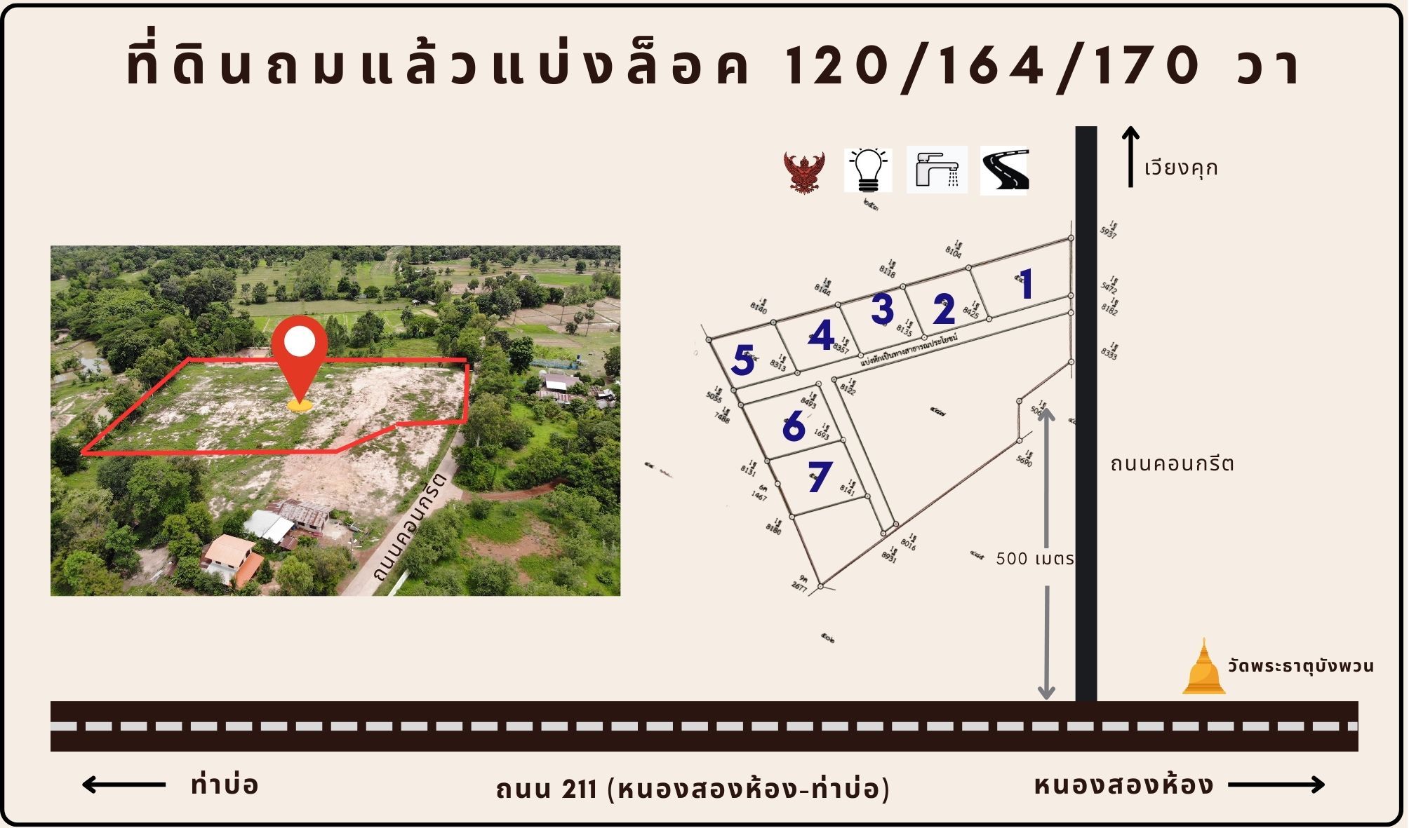ที่ดินถมแล้วแบ่งล็อคขาย 120/164/170 ตารางวา ติดทางคอนกรีต ห่างถนนหนองสองห้อง-ท่าบ่อ 500 เมตร 