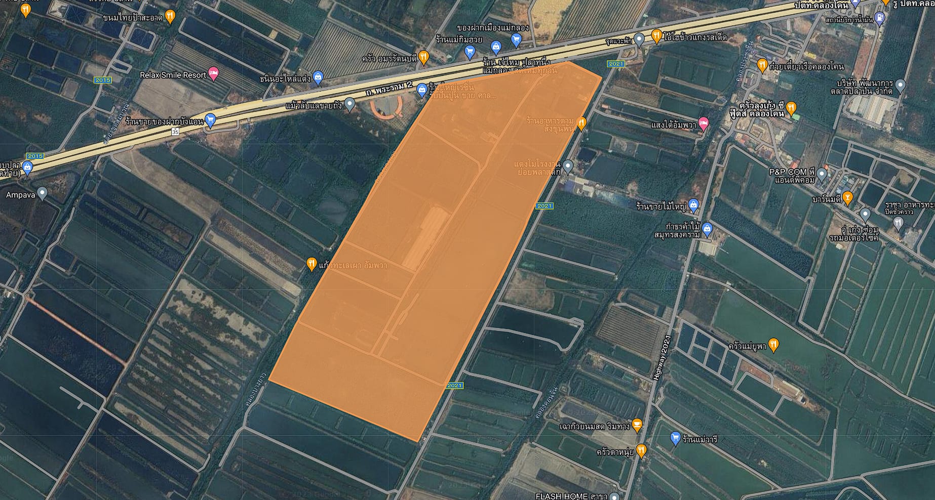 ขายที่ดิน ผังสีม่วง แปลงใหญ่ ติด ถ.พระราม 2 อัมพวา สมุทรสงคราม 598-2-28