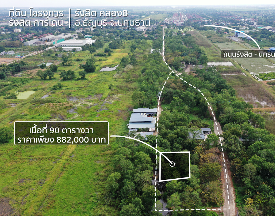 ขายที่ดินปทุมธานี ธัญบุรี ที่ดินเปล่า แปลงสวย โครงการ รังสิตการ์เด้น 90 ตารางวา.