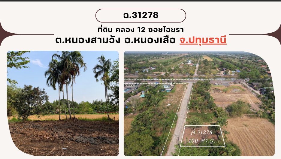 ขายที่ดินปทุมธานี หนองเสือ ที่ดินเปล่า แบ่งขาย คลอง 12 ซอยไอยรา