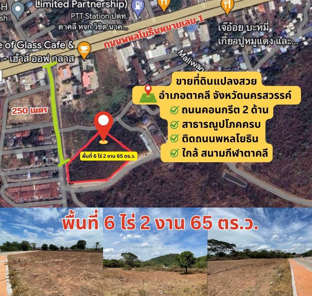 ขายที่ดินแปลงสวย อำเภอ ตาคลี จังหวัดนครสวรรค์  เนื้อที่สวย 6 ไร่ 2 งาน 65 ตร.ว.  ติดถนน พหลโยธิน หมายเลข 1