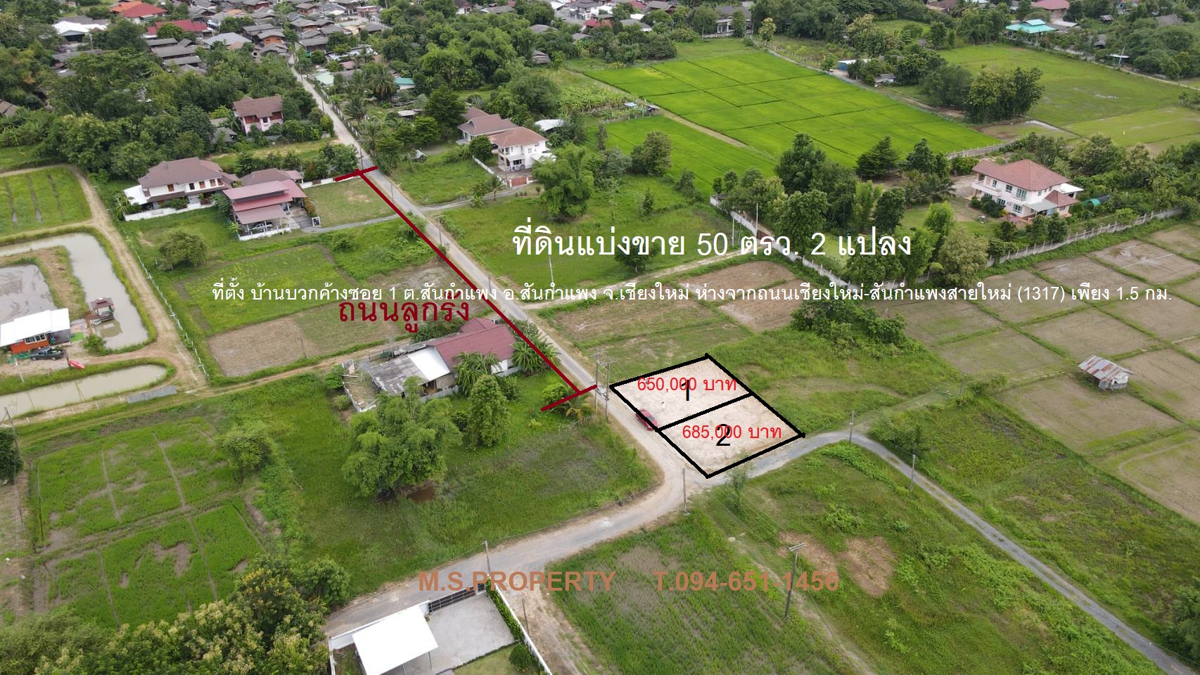 ขายที่ดินสันกำแพงเจ้าของขายเอง 50 ตรว. 