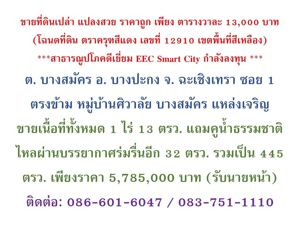 ขายที่ดินเปล่า อ.บางประกง จ.ฉะเชิงเทรา 1-0-13