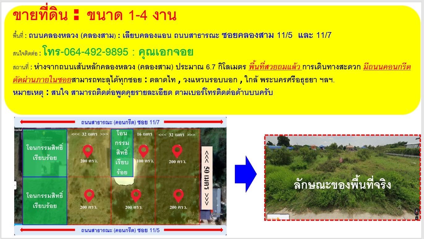 ขายที่ดินปทุมฯ คลองหลวง 0-1-0