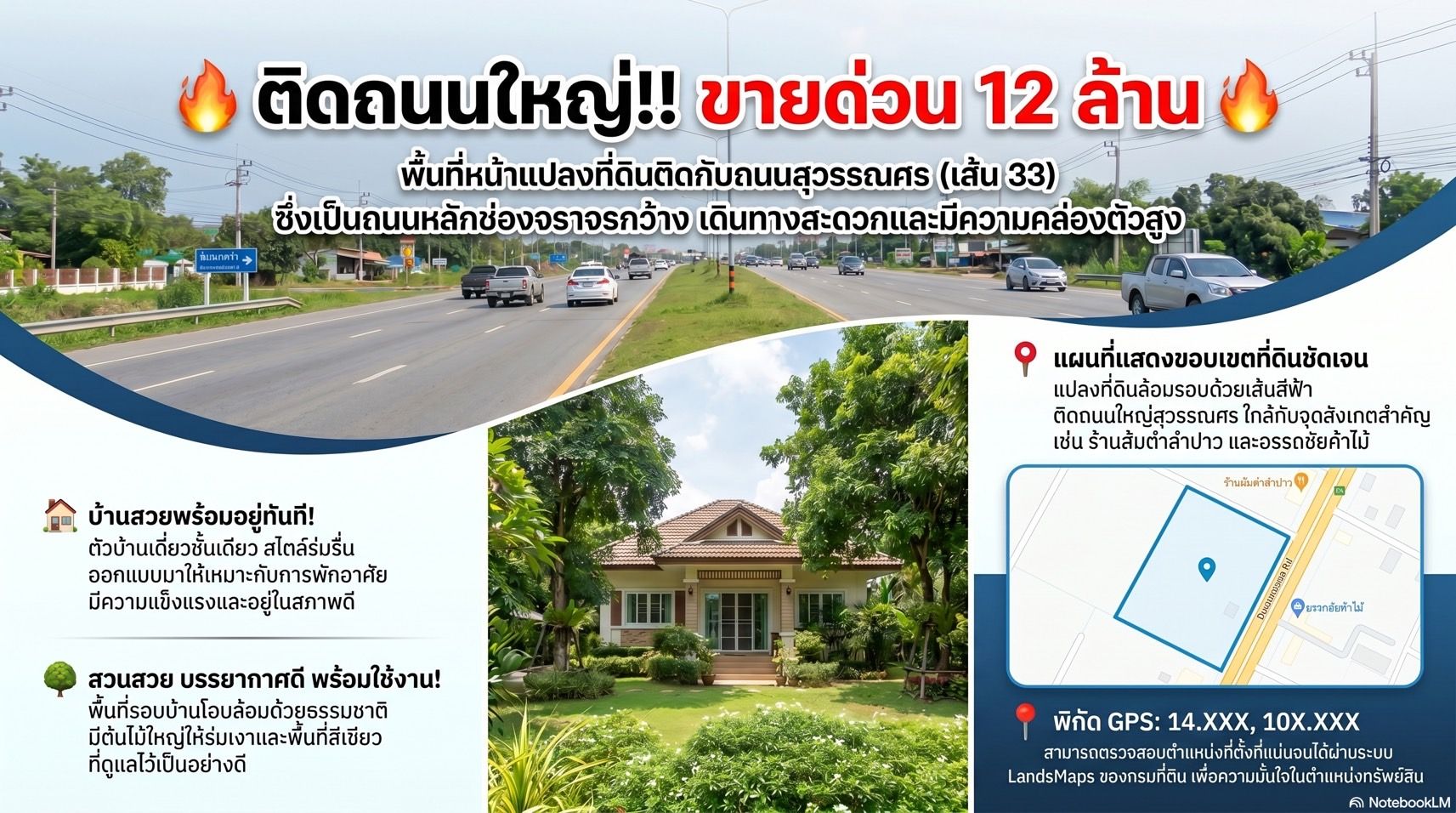 🔥โอกาสทอง!ที่ดินติดถนนใหญ่สาย33(สุวรรศร)