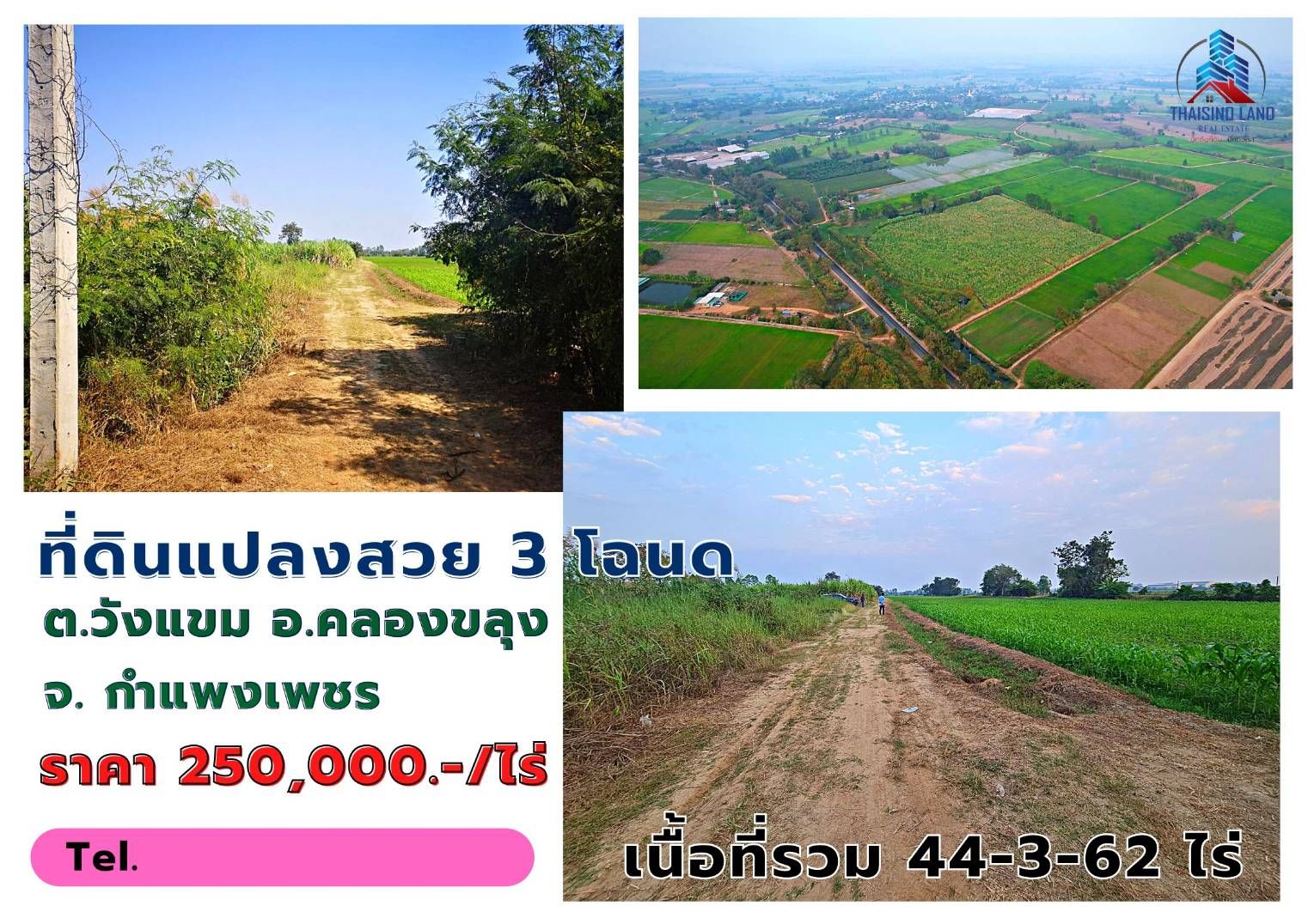 ขายที่ดินกำแพงเพชร แปลงสวย ทำเลงาม ใกล้โรงเรียนอนุบาลมิ่งขวัญ คลองขลุง 44-3-62