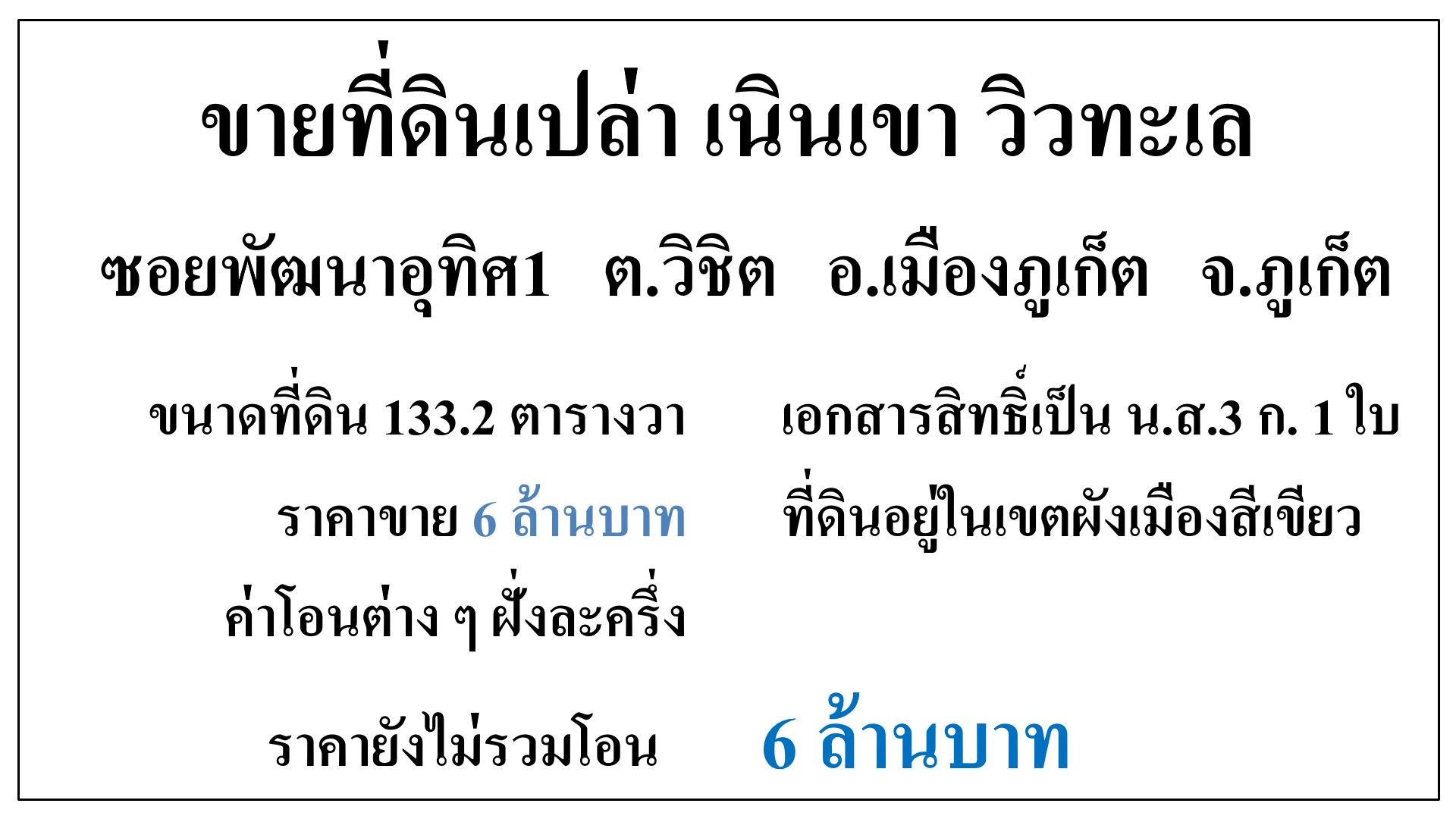 ขายที่ดิน ซอยพัฒนาอุทิศ1 ต.วิชิต อ.เมืองภูเก็ต เนื้อที่ 133.2 ตารางวา วิวทะเล