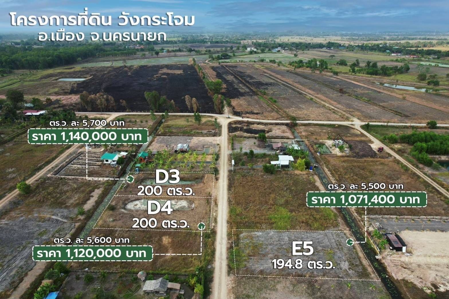ขายที่ดินนครนายก ที่ดินแปลงสวยในโครงการ แบ่งขาย เมืองนครนายก เริ่มที่ 1 งาน 94.8 ตารางวา.