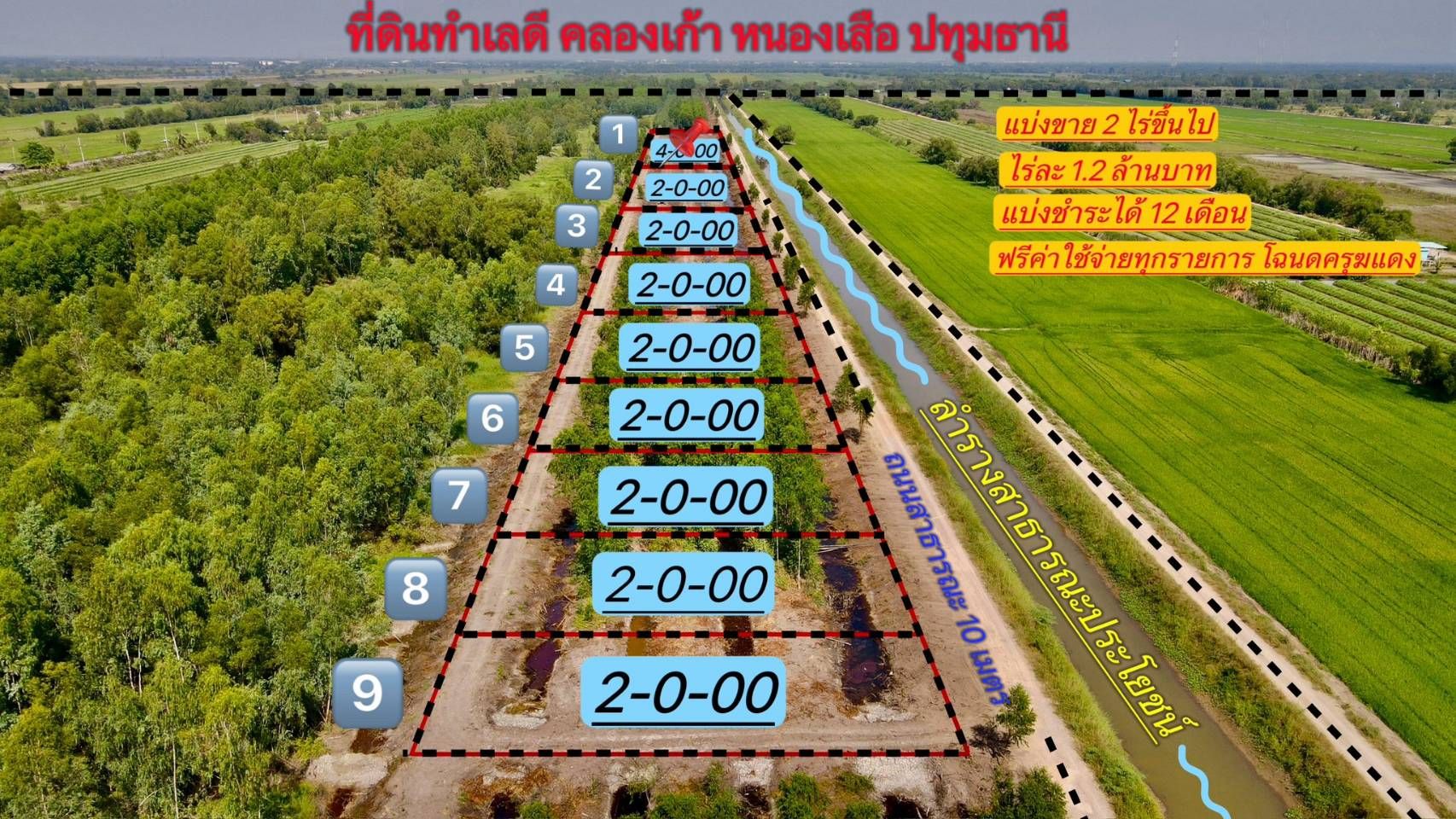 ขายที่ดินปทุมธานี ติดถนนเลียบคลองแอนทุกแปลง แบ่งแปลงละ 2 ไร่. หนองเสือ 2-0-0