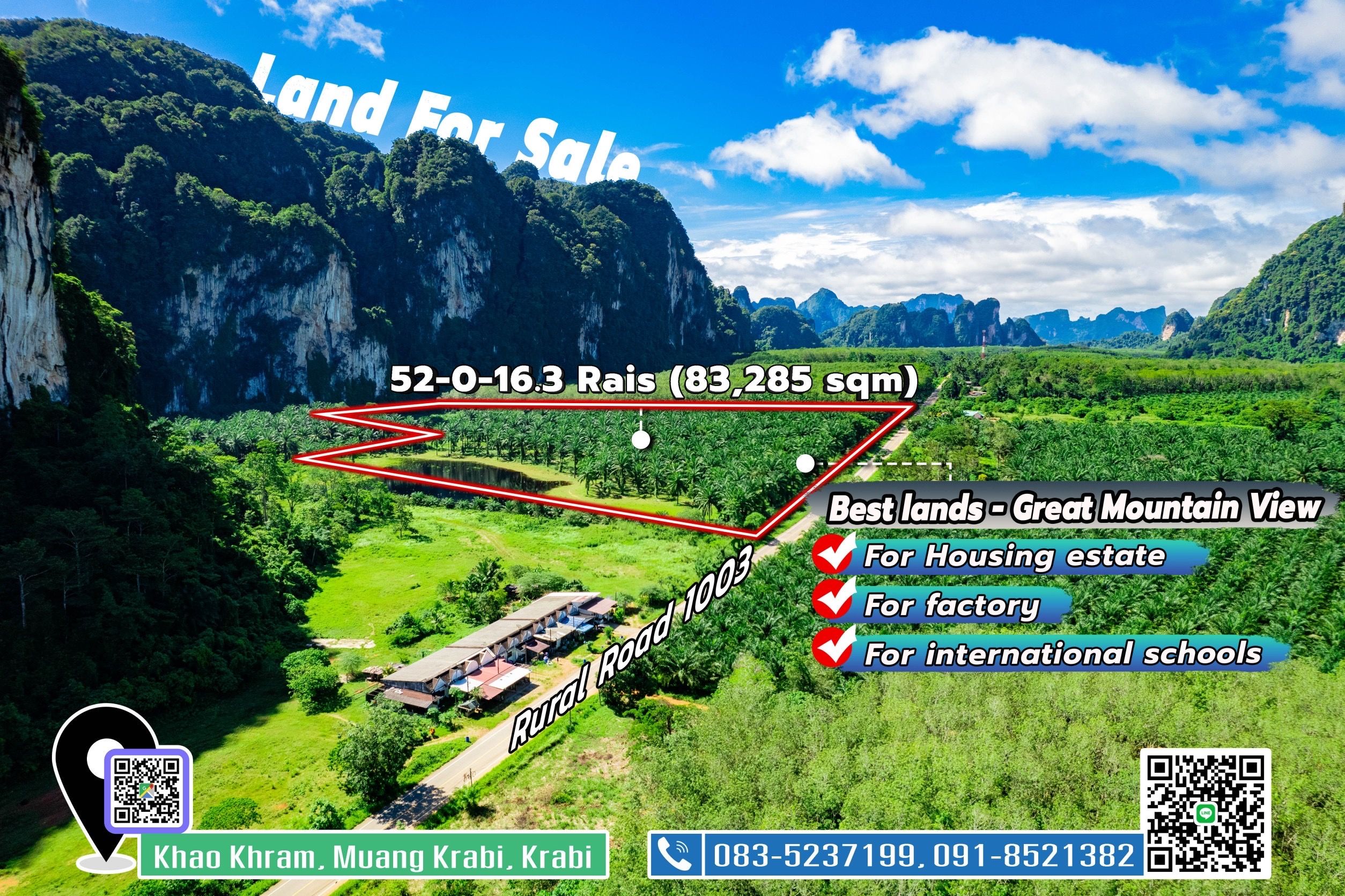 ขายที่ดินแปลงใหญ่กระบี่ วิวสวย ด้านหน้ายาวติดถนนทางหลวง ด้านหลังติดภูเขา