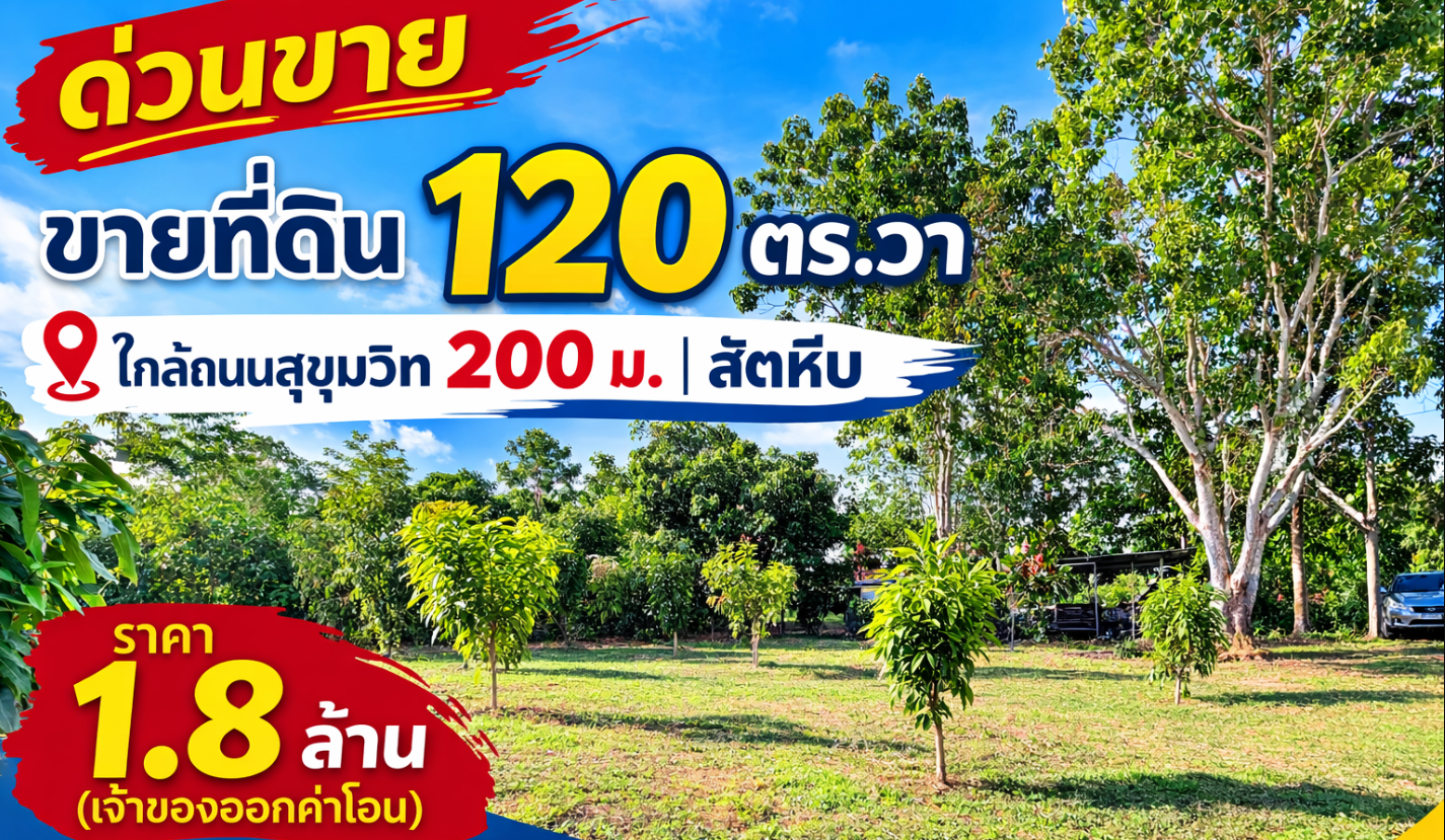 👉 “ที่ดิน 120 ตร.วา ใกล้สุขุมวิท 200 ม. สัตหีบ ขาย 1.8 ล้าน เจ้าของออกค่าโอน